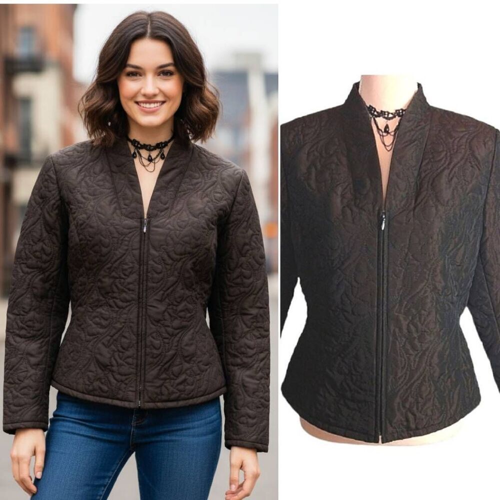 Vintage 90s Dark Brown Fitted Embroidered‎ Puffer Zip Jacket SZ 10P